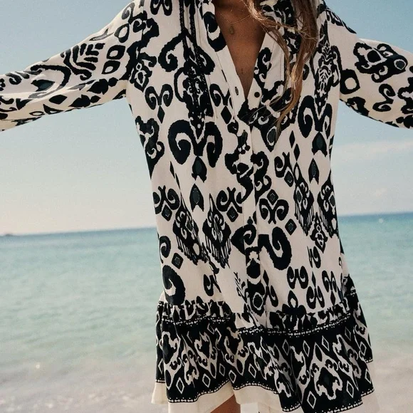 NWT Zara Black & Ecru Patterned Mini Dress - Picture 1 of 7